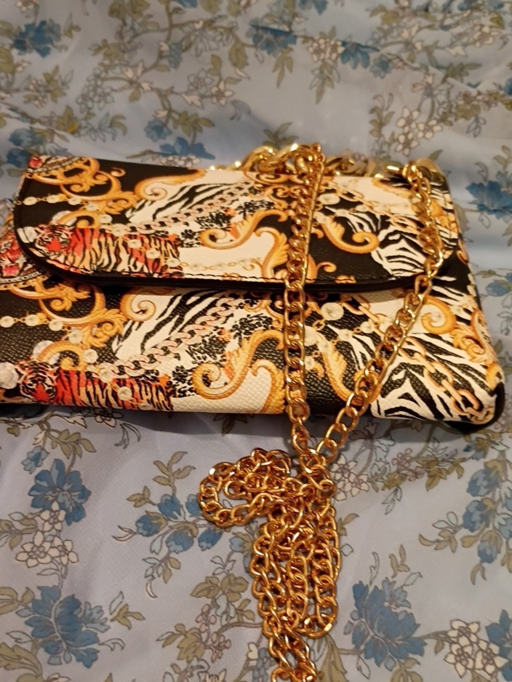 Printed Black & Gold Chain Strap Wristlet Clutch
